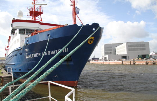 Wird zukünftig direkt am neuen Institut auf der anderen Hafenseite beladen: das Fischereiforschungsschiff Walter-Herwig III. Foto: Helmut Stapel/stoppress